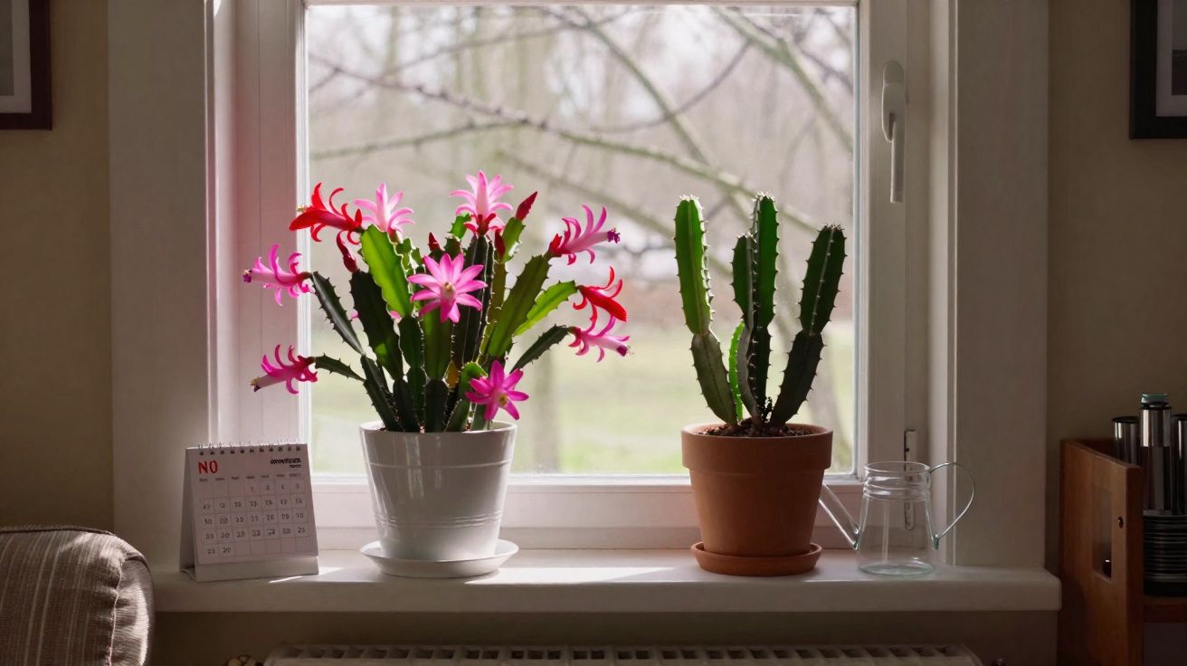Deux cactus en pots sur un rebord de fenêtre, l'un en fleur rose et rouge, un calendrier de novembre visible.