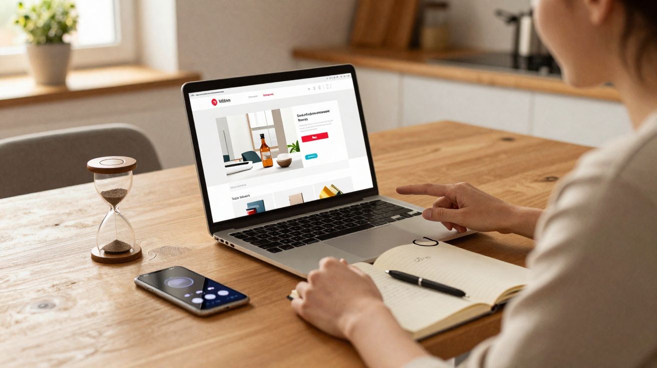 Personne consultante un site de décoration sur ordinateur portable au bureau avec téléphone et carnet.