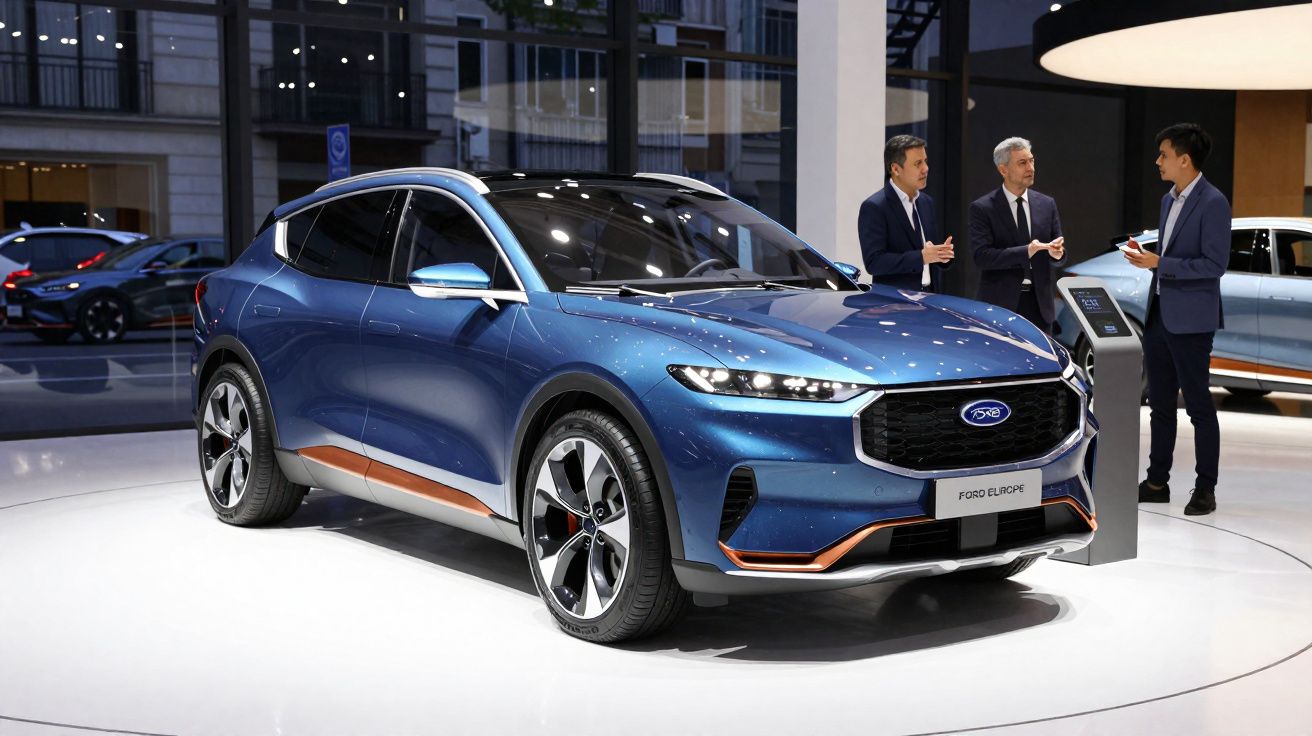 SUV électrique Ford bleu avec détails orange exposé dans un salon automobile, trois hommes discutant à côté.