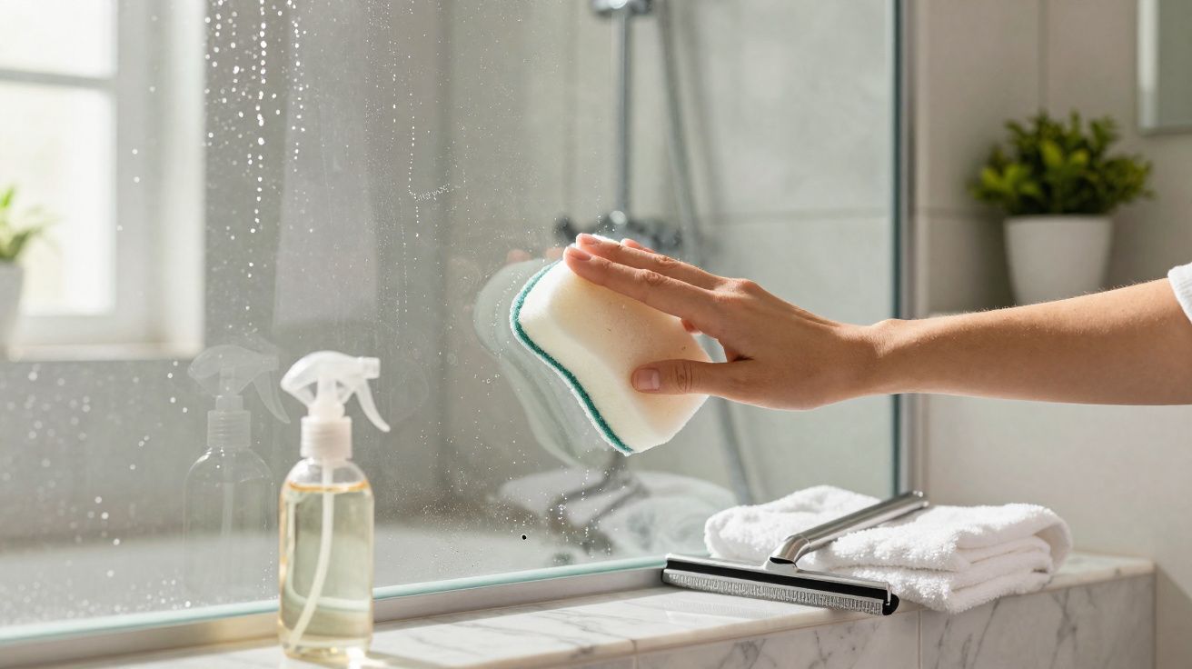 Main nettoyant une paroi de douche en verre avec une éponge, flacon pulvérisateur et serviettes pliées à côté.