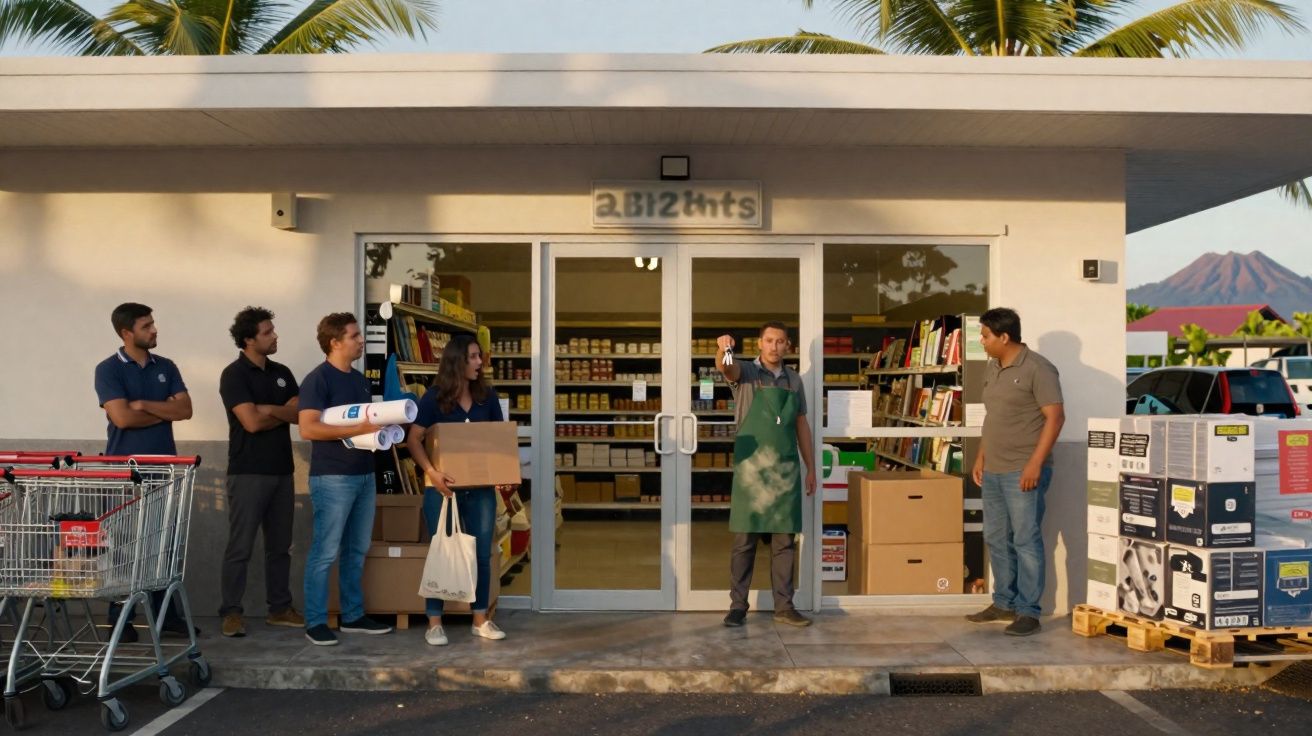 Un groupe de personnes devant une boutique, un employé avec un tablier tend des clés à un client.