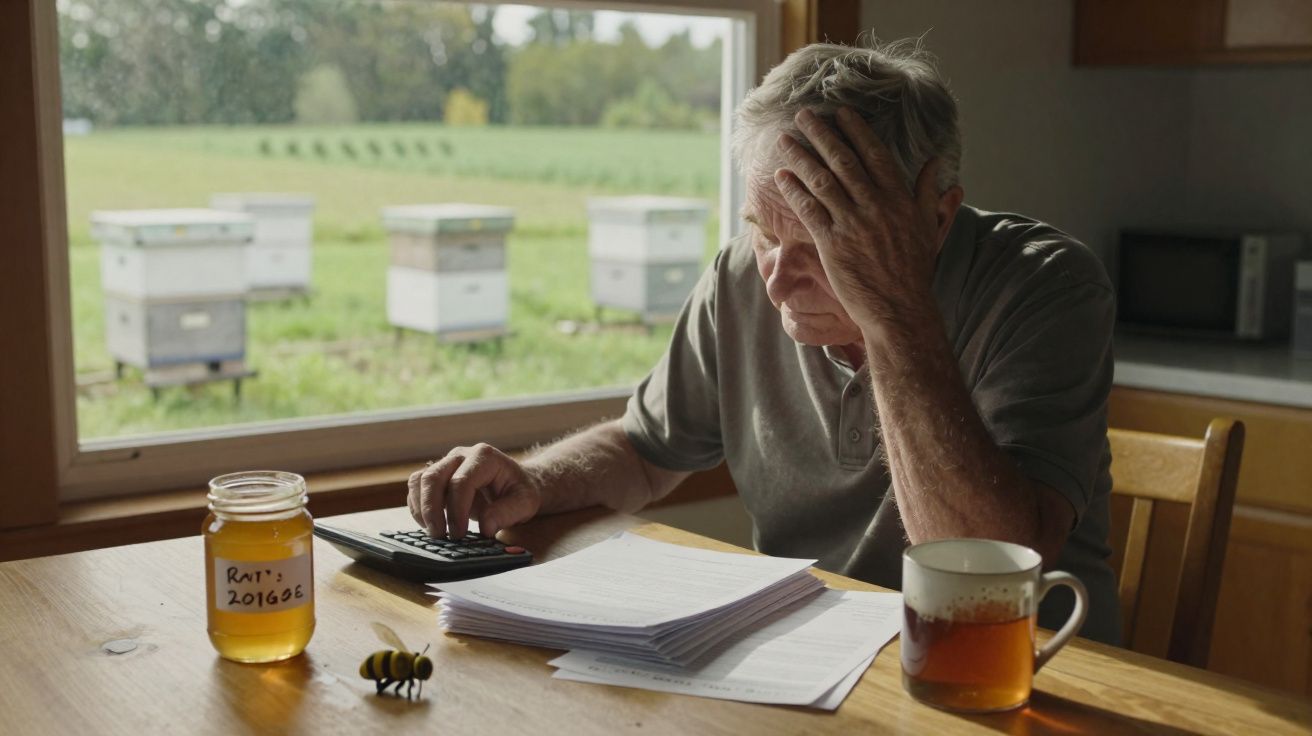 Homme âgé stressé calculant des comptes sur une table avec un pot de miel et des ruches visibles à l’extérieur.