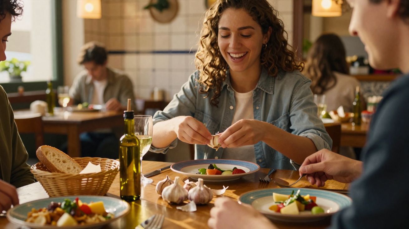 Jeune femme souriante en train d’éplucher une gousse d’ail lors d’un repas partagé au restaurant.