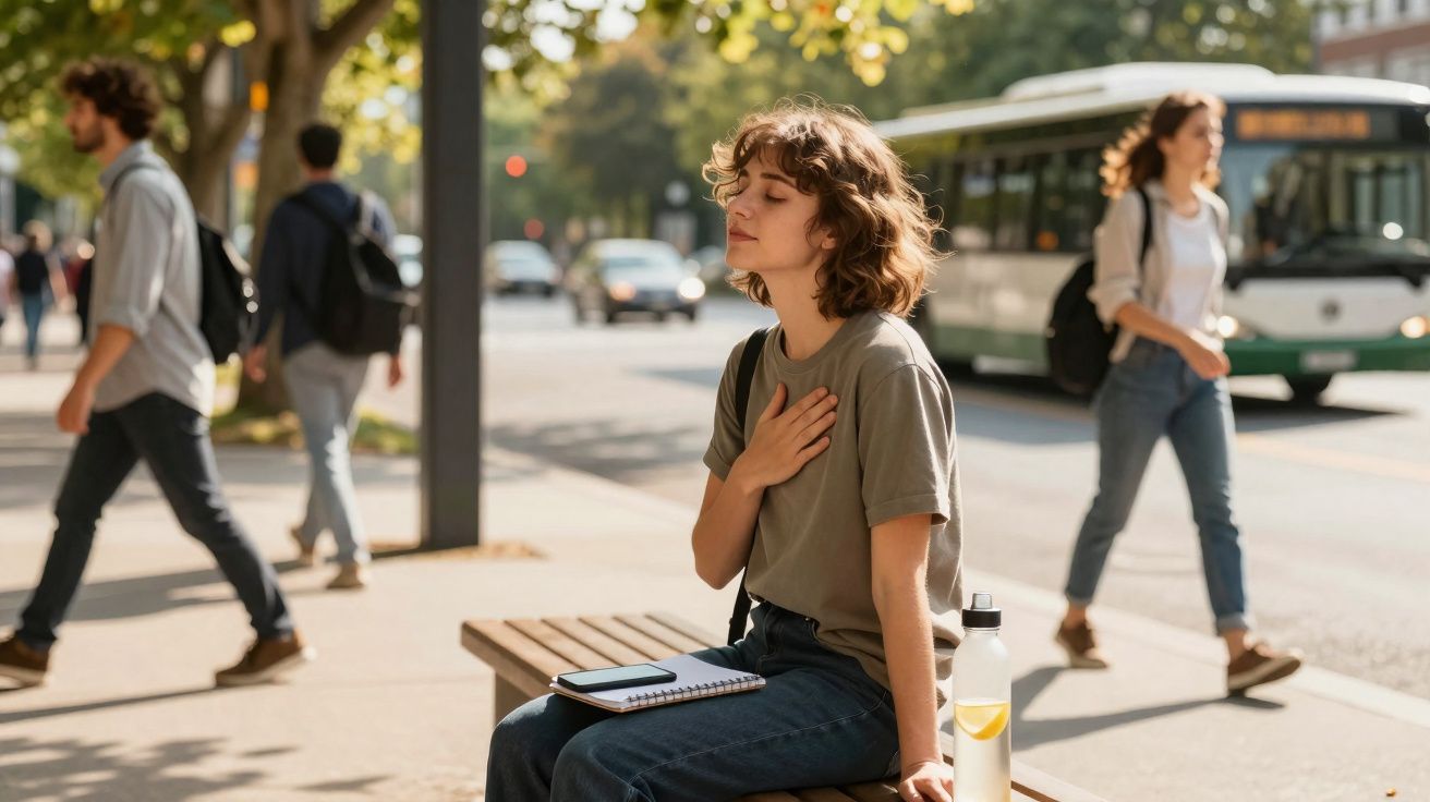 Jeune femme assise sur un banc urbain, les yeux fermés, main sur la poitrine, entourée de passants et d'un bus.