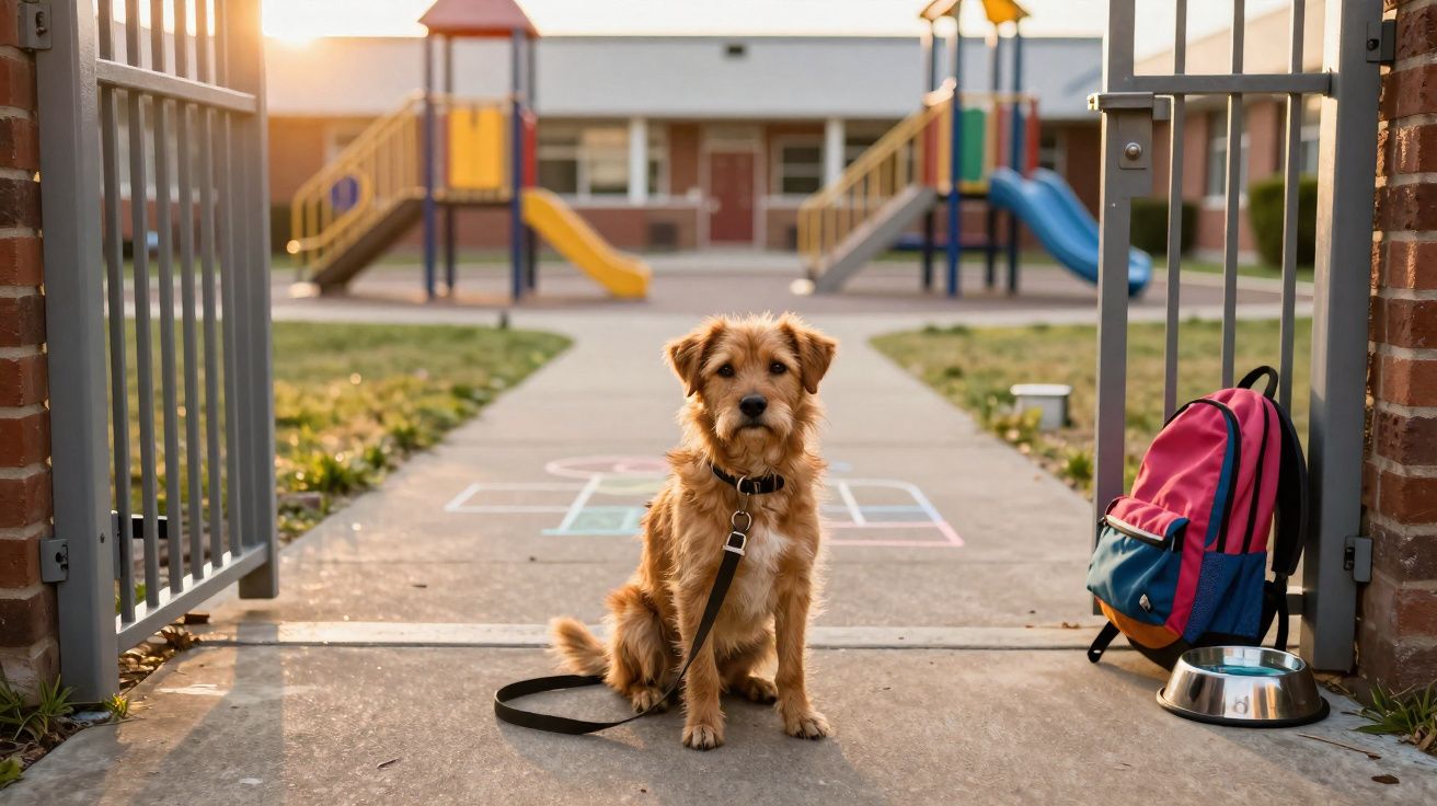 Chien assis devant une cour de récréation avec un sac à dos coloré et une gamelle à côté.