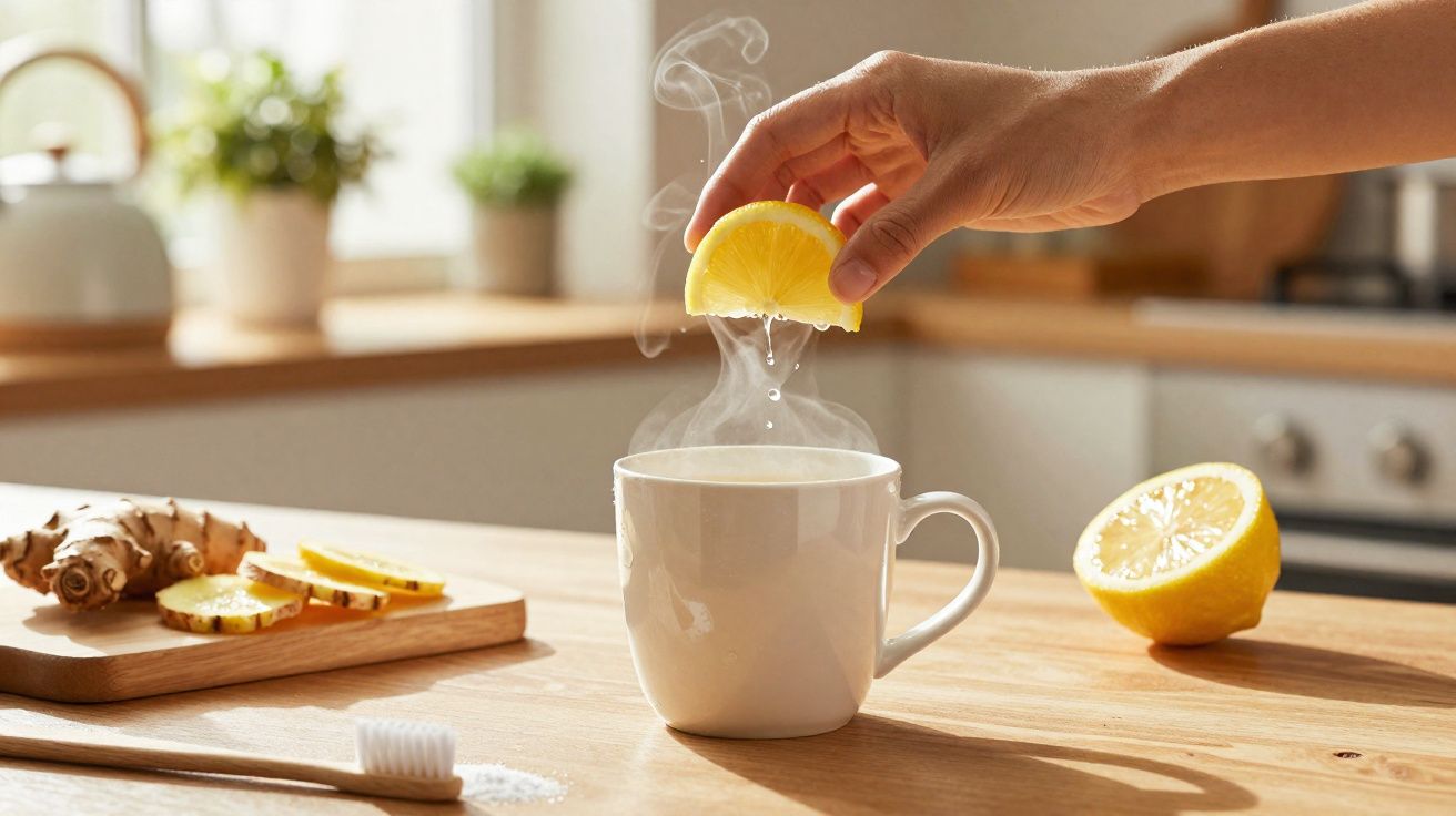 Main pressant un quartier de citron au-dessus d'une tasse fumante sur une table en bois avec gingembre et brosse à dents.