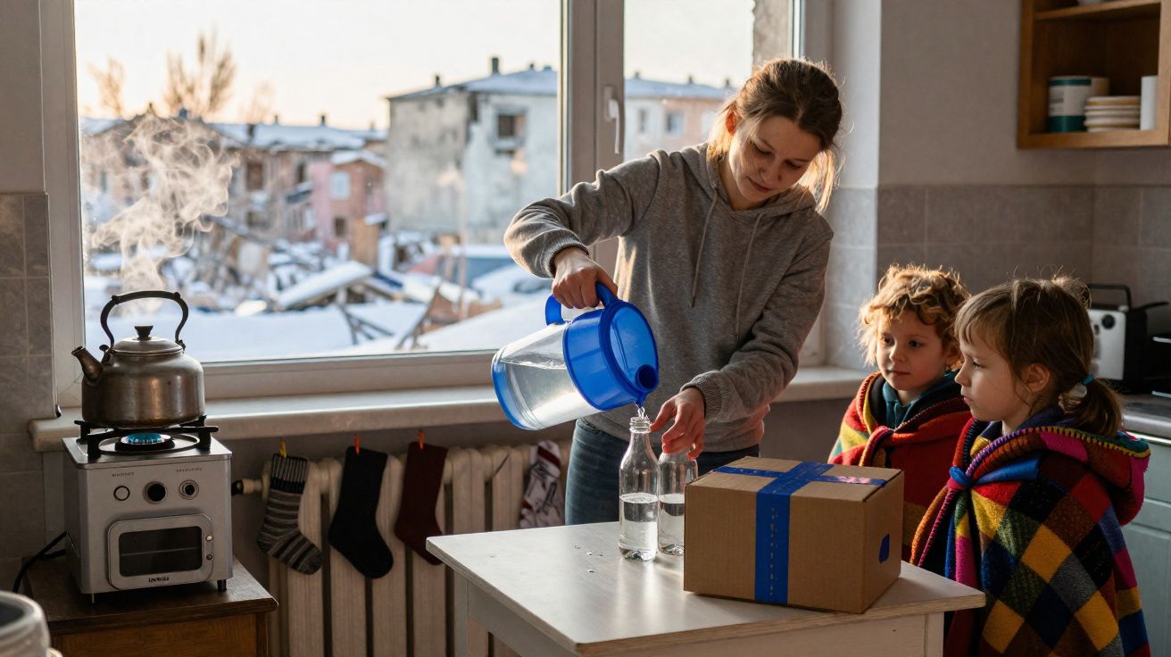 Une femme verse de l'eau dans une bouteille tandis que deux enfants emmitouflés dans des couvertures la regardent dans une cu