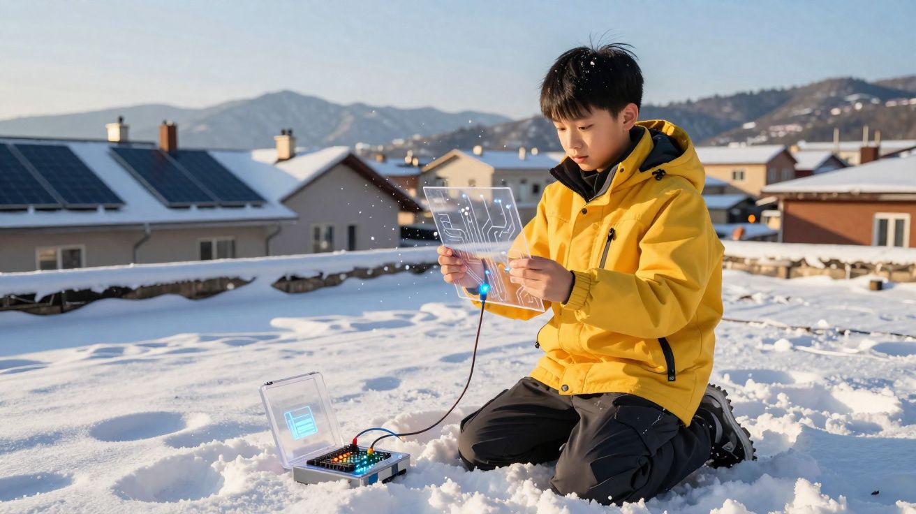 Garçon en veste jaune manipulant un circuit électronique transparent dans la neige sur un toit ensoleillé.
