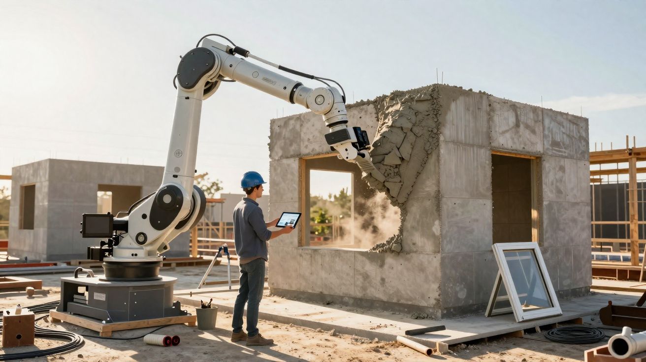 Robot industriel contrôlant un mur en béton en construction tandis qu'un ouvrier observe avec une tablette.