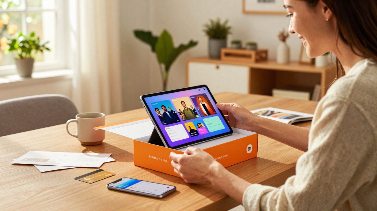 Femme utilisant une tablette posée sur une boîte orange à côté d’un smartphone, d’une tasse et de courriers sur une table.