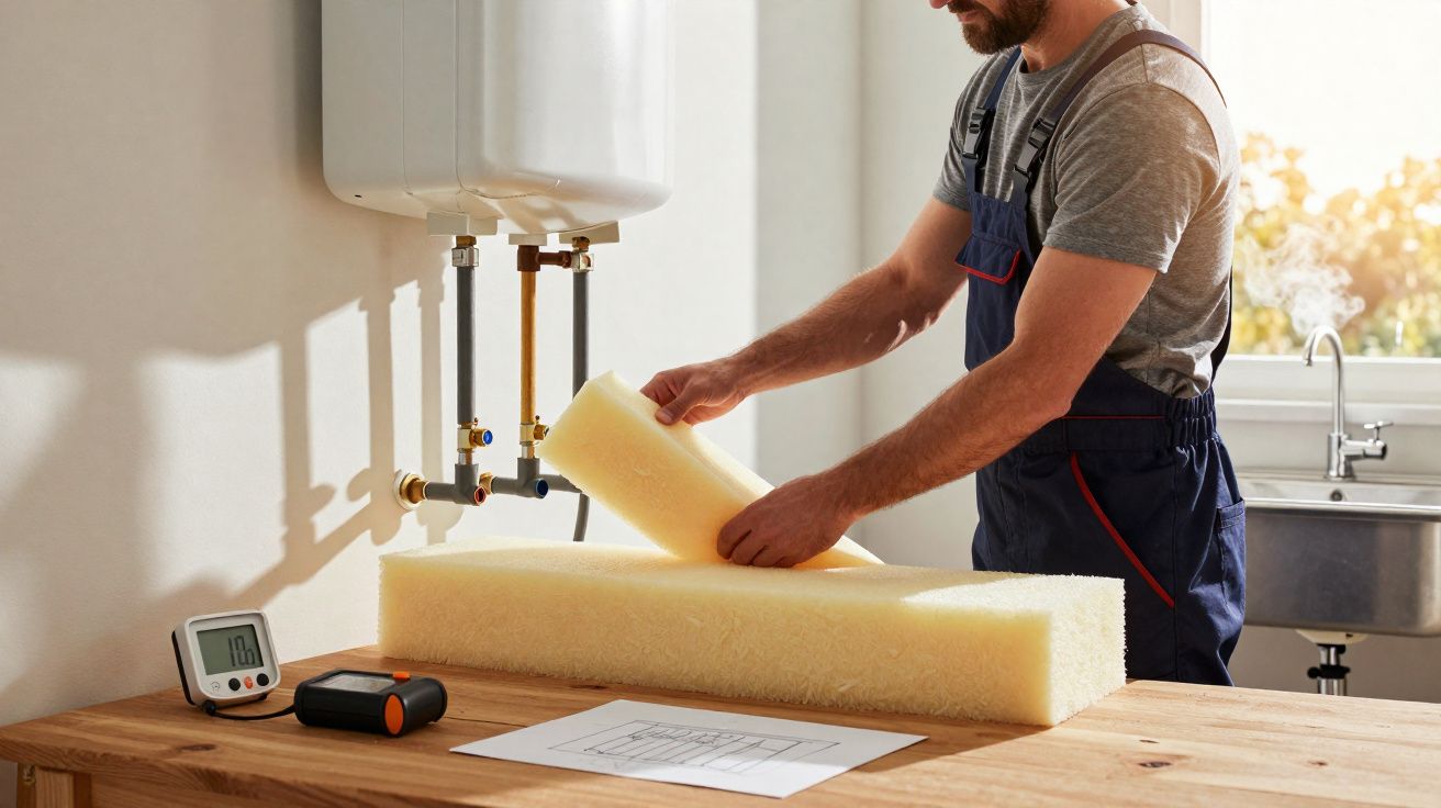 Homme en tenue de travail découpant une mousse isolante devant un chauffe-eau dans un atelier lumineux.