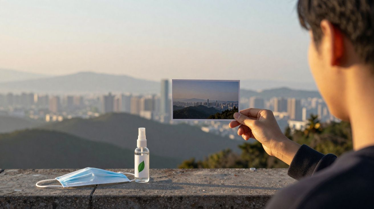 Personne tenant une photo d'une ville avec masque et flacon de gel désinfectant posés sur un mur en pierre.