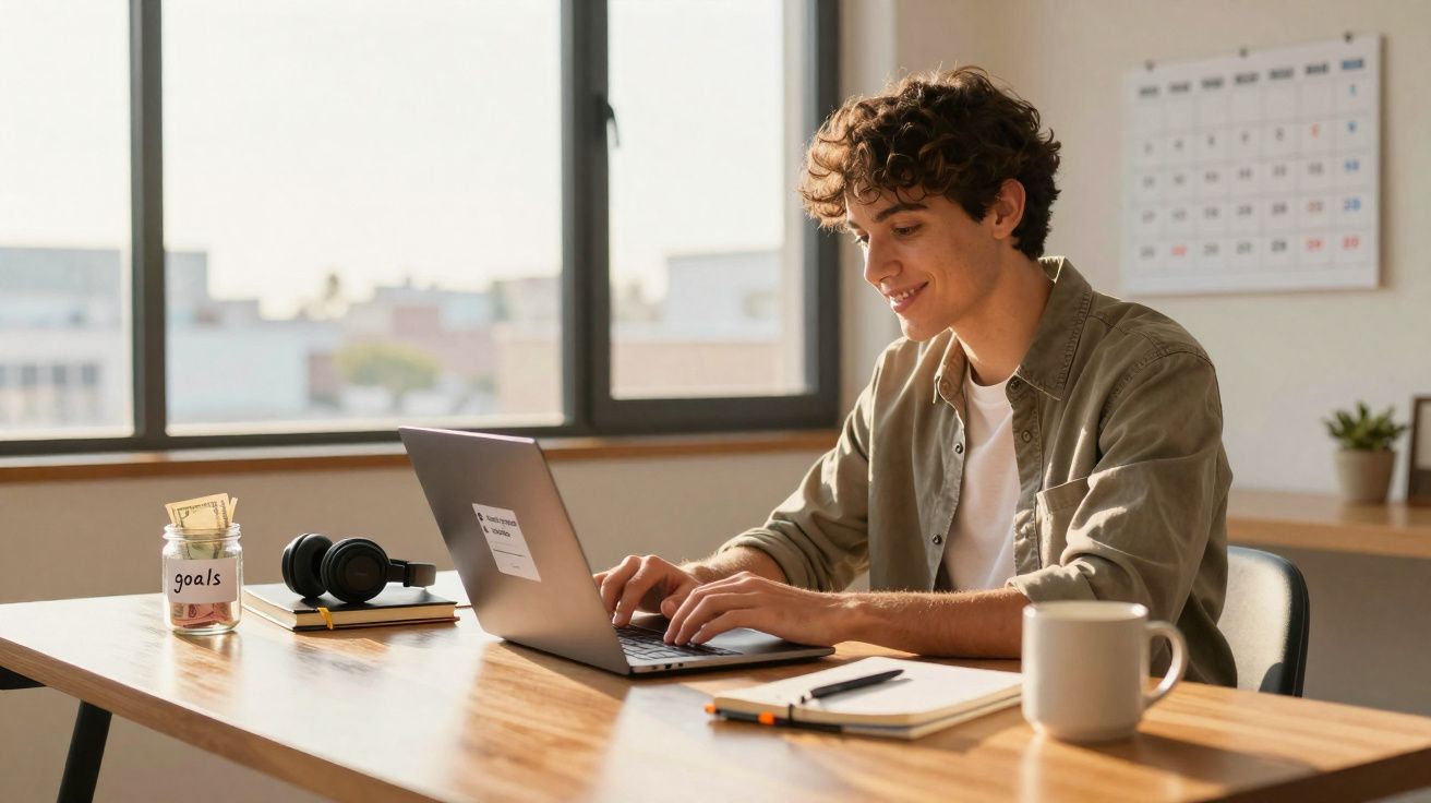 Jeune homme souriant travaillant sur un ordinateur portable dans un bureau lumineux avec calendrier mural et tasse.
