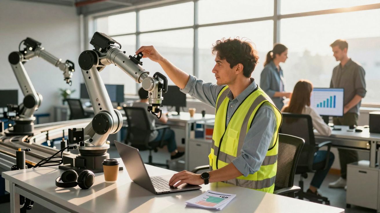 Jeune homme en gilet réfléchissant manipule un bras robotisé dans un bureau moderne avec collègues en arrière-plan.