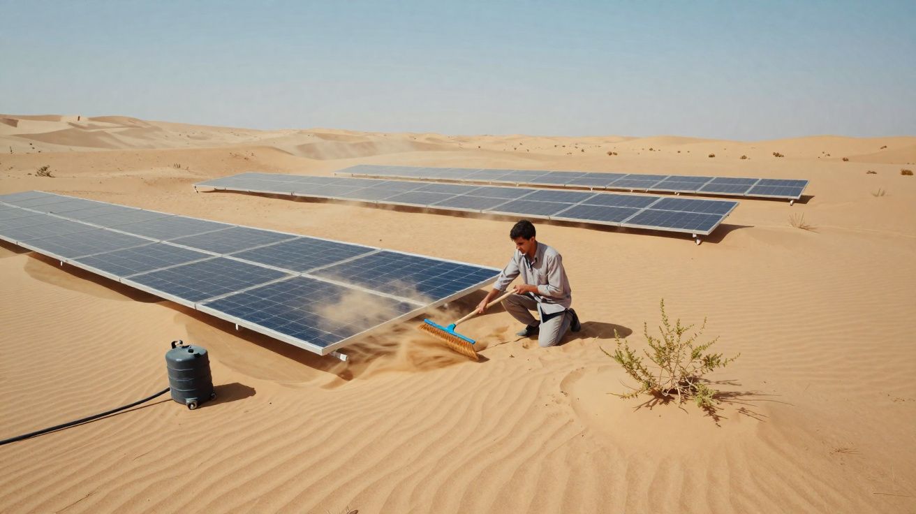 Un homme nettoie des panneaux solaires dans un désert avec un balai, entouré de dunes de sable.