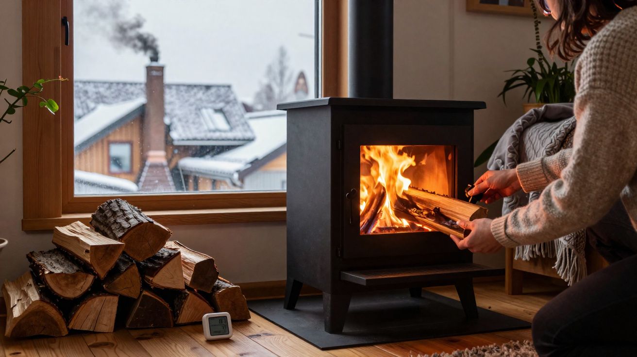 Une personne alimente un poêle à bois allumé dans un salon avec tas de bûches et fenêtre enneigée.