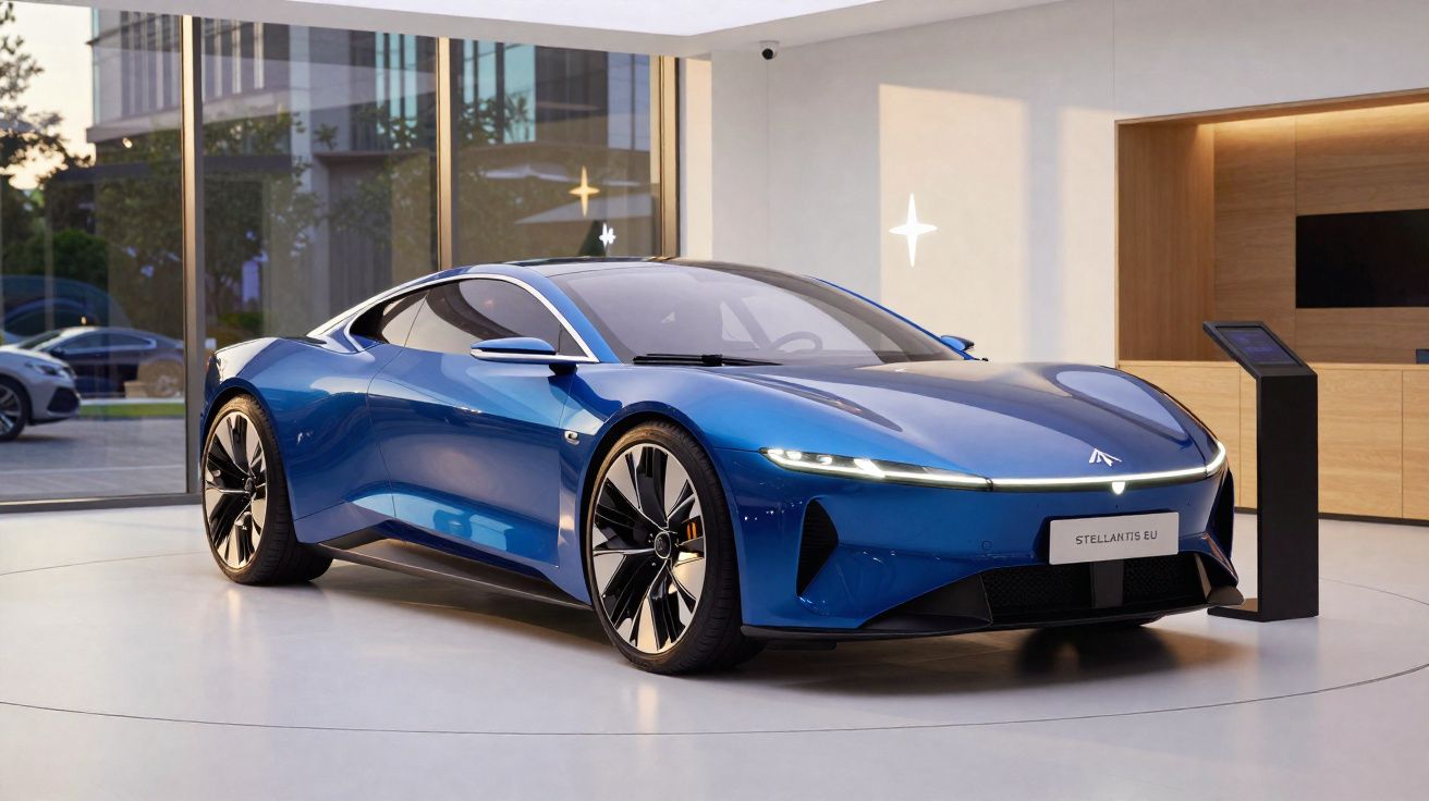 Voiture électrique sportive bleue exposée dans un showroom moderne avec fenêtres vitrées.