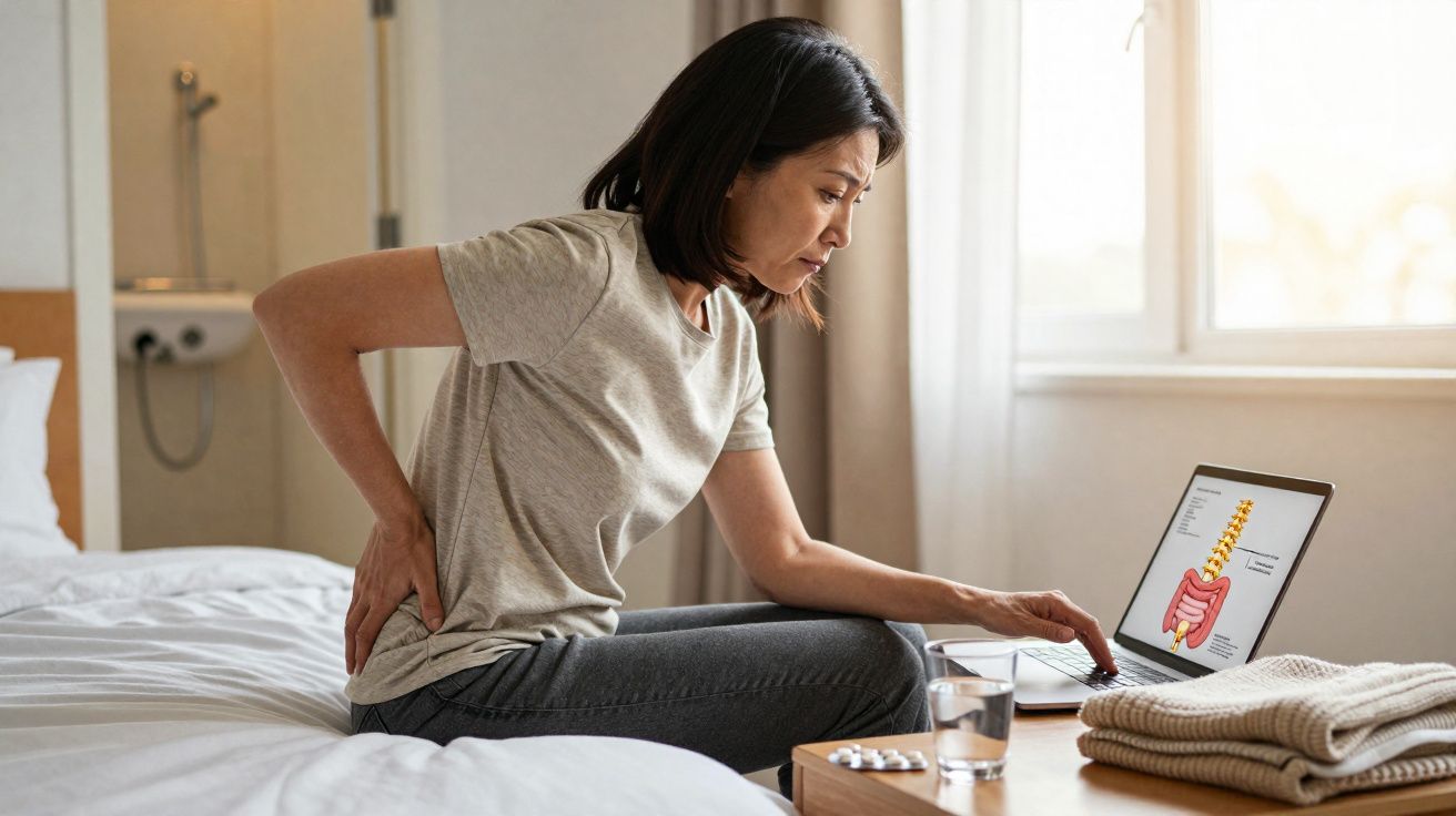 Femme assise sur un lit, se tenant le dos avec douleur, regardant un schéma médical sur un ordinateur portable.