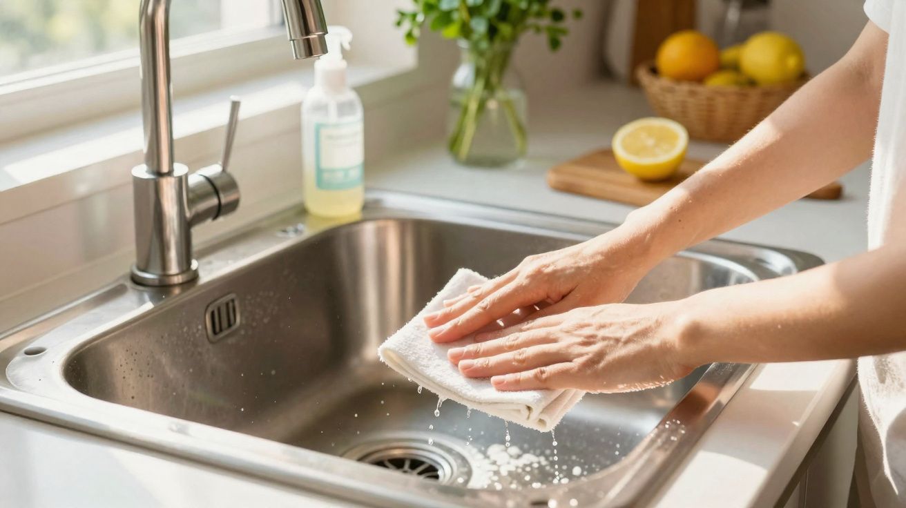 Mains essuyant un évier en acier inoxydable dans une cuisine lumineuse avec serviette blanche.