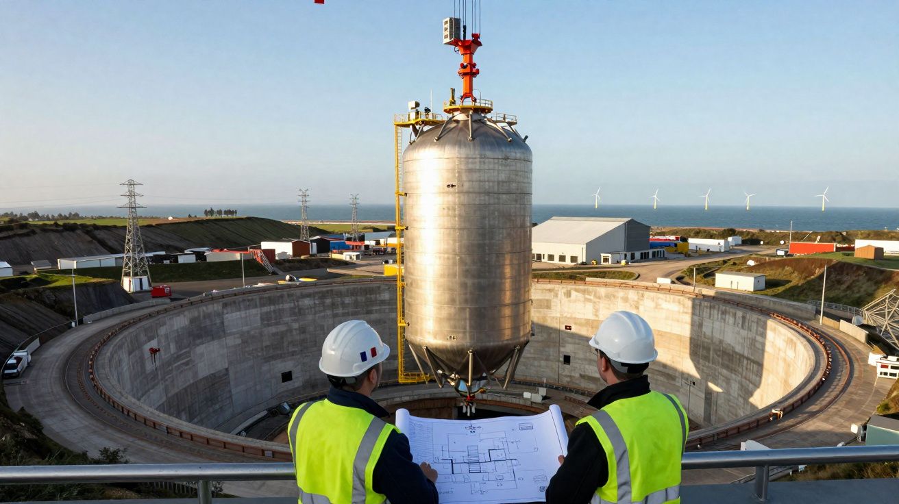 Deux ingénieurs consultent des plans devant une installation industrielle avec grande cuve cylindrique en acier.