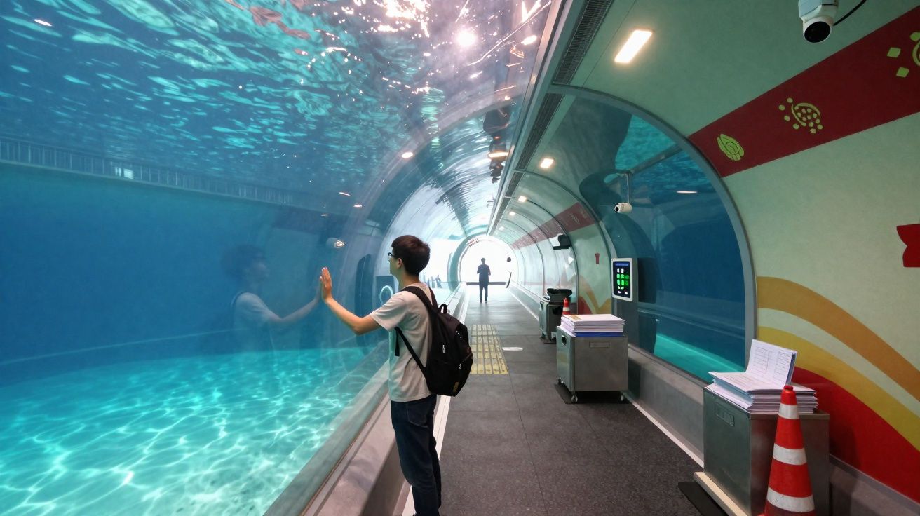 Personne regardant à travers une vitre dans un tunnel d’aquarium avec un autre visiteur au loin.