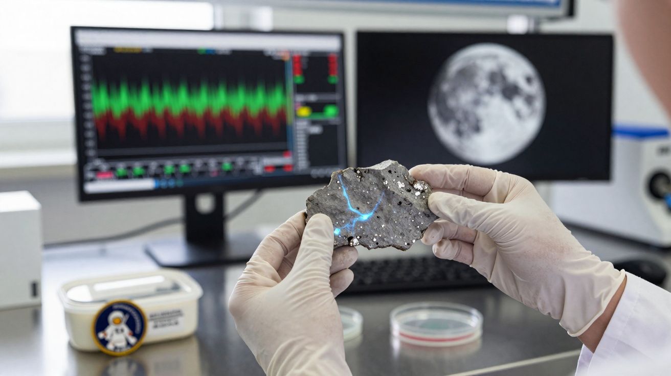 Scientifique en gants blancs tenant une météorite avec écrans de données et image de la lune en arrière-plan.