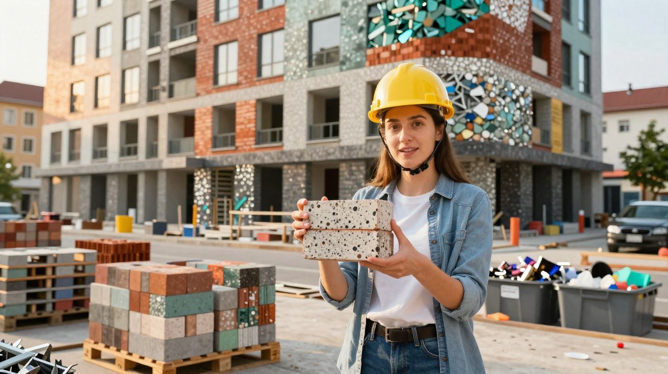 Jeune femme en casque de chantier tenant une brique décorative devant un bâtiment en construction.