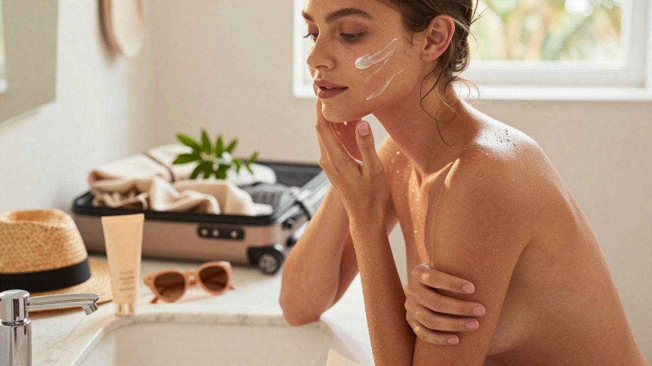 Femme appliquant de la crème sur son visage dans une salle de bain avec valise et accessoires en arrière-plan.