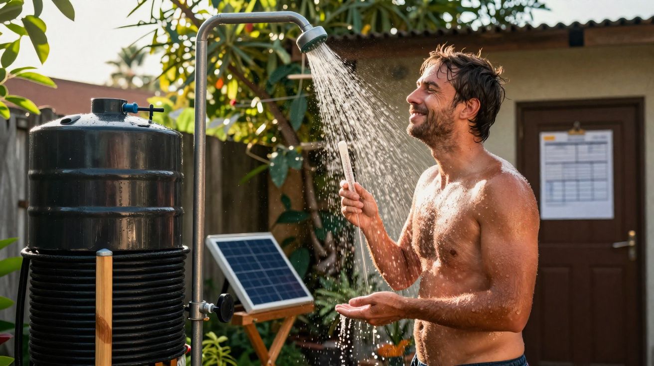 Homme souriant prenant une douche solaire en extérieur, entouré de plantes et d’un panneau solaire.