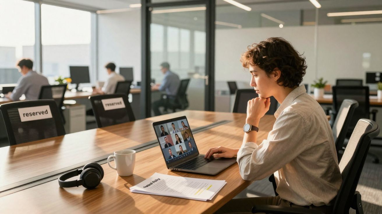 Jeune femme en visioconférence dans un bureau moderne avec casque, tasse et documents devant elle.