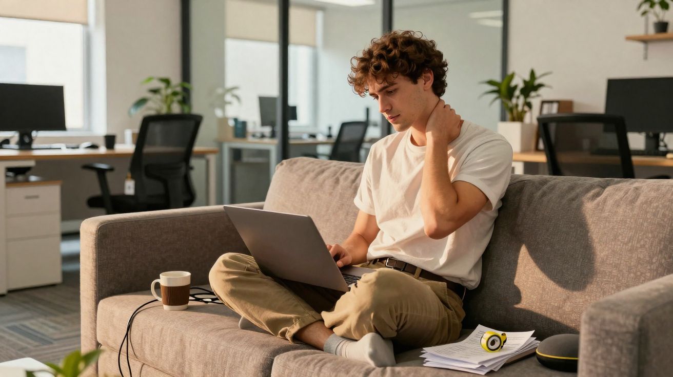 Jeune homme assis sur un canapé dans un bureau, utilisant un ordinateur portable et se massant la nuque.