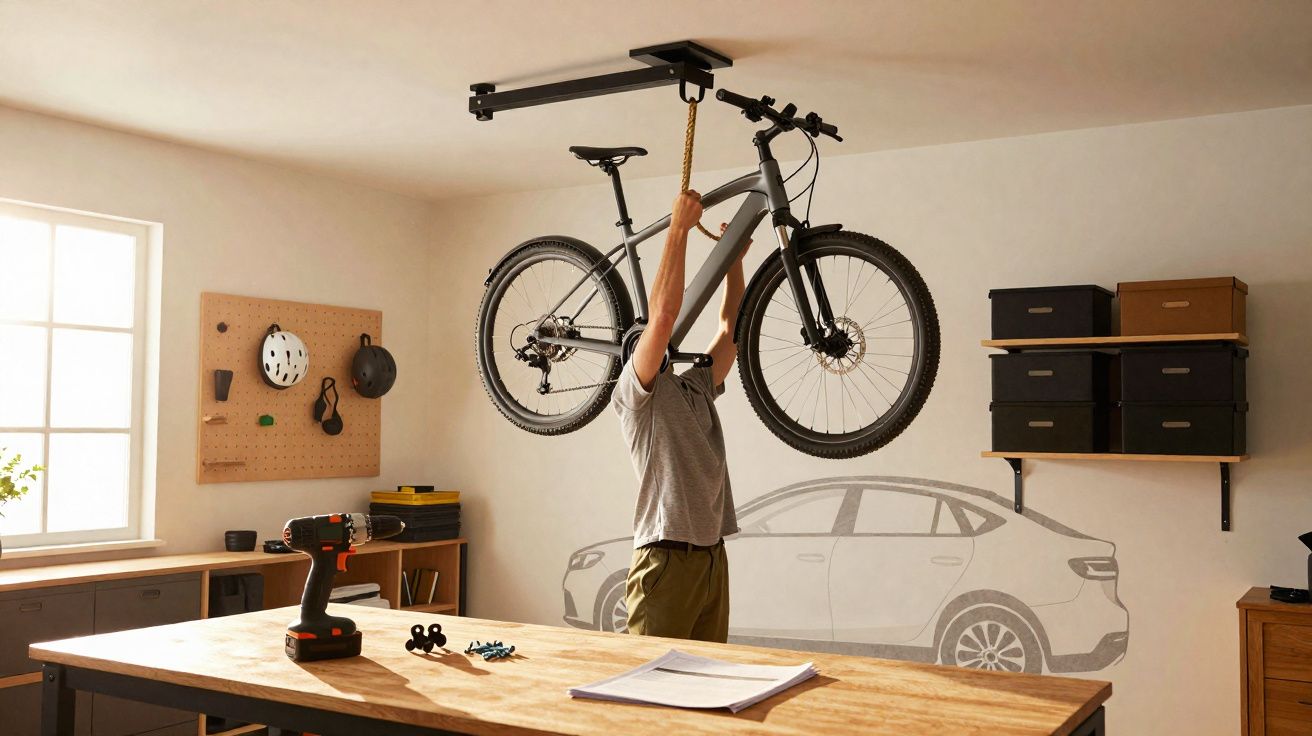 Homme suspendant un vélo noir au plafond dans un atelier lumineux avec outils et boîtes de rangement.