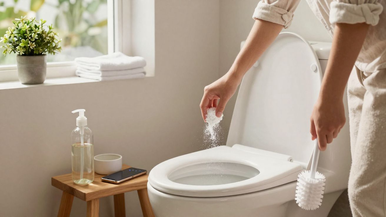 Personne saupoudre un produit nettoyant dans une cuvette de toilettes dans une salle de bain lumineuse.