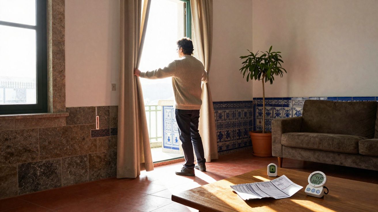 Homme ouvrant les rideaux pour laisser entrer la lumière dans un salon avec canapé et plante verte.