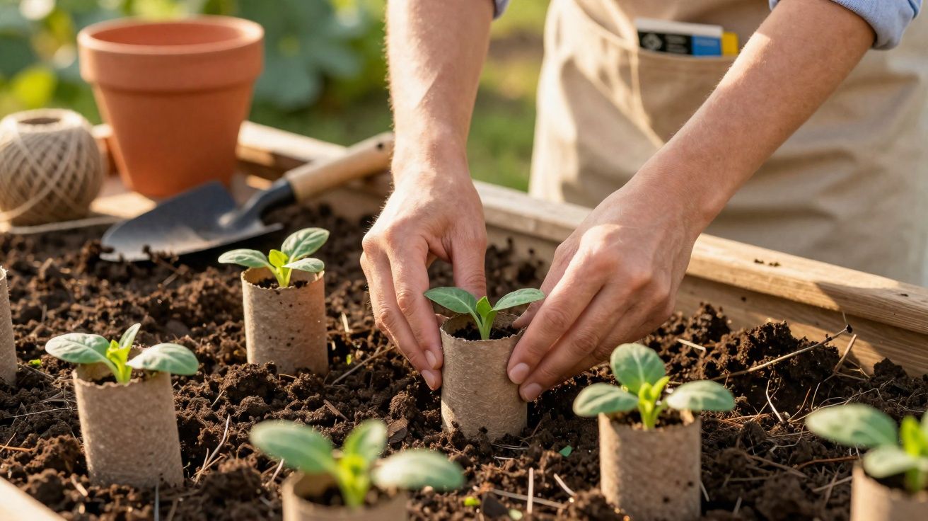 Mains plantant des jeunes pousses dans des godets en papier dans un potager ensoleillé.