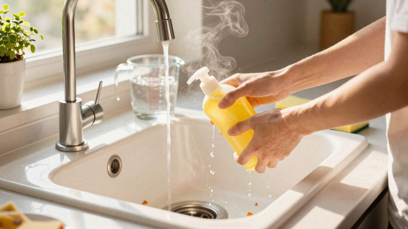 Personne serrant une bouteille de liquide vaisselle jaune au-dessus d'un évier avec de l'eau courante.