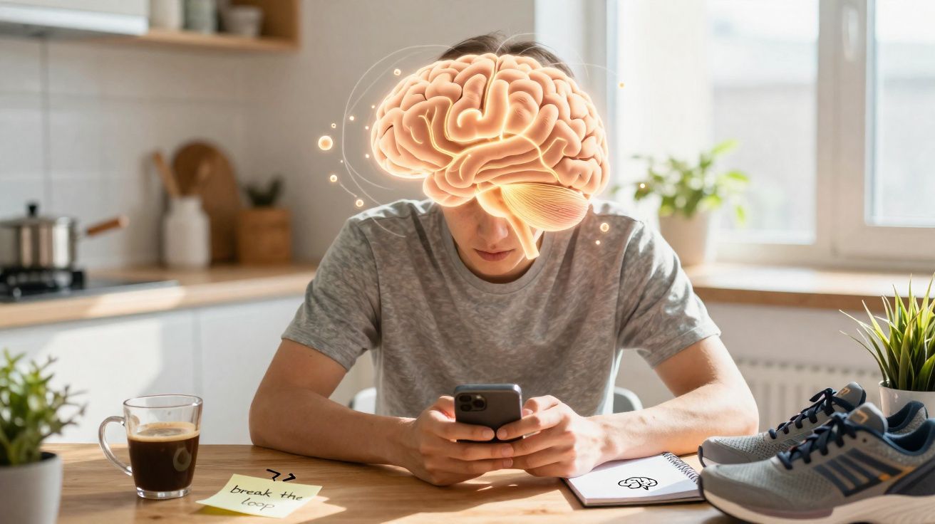 Jeune homme concentré sur son smartphone avec représentation lumineuse d’un cerveau au-dessus de sa tête.