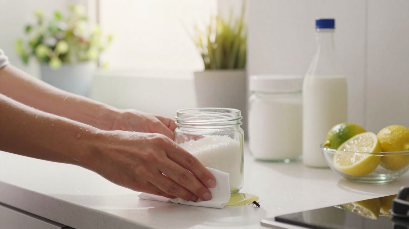 Mains nettoyant un liquide renversé sur un plan de travail de cuisine avec un insecte visible à côté.