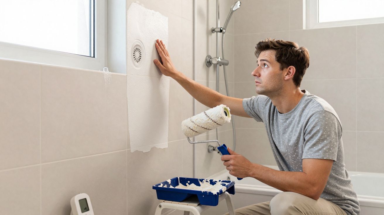 Homme peignant un mur carrelé blanc dans une salle de bain avec un rouleau et un bac à peinture.