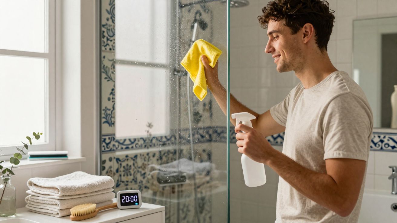 Homme souriant nettoyant une paroi de douche en verre avec un chiffon jaune dans une salle de bain lumineuse.