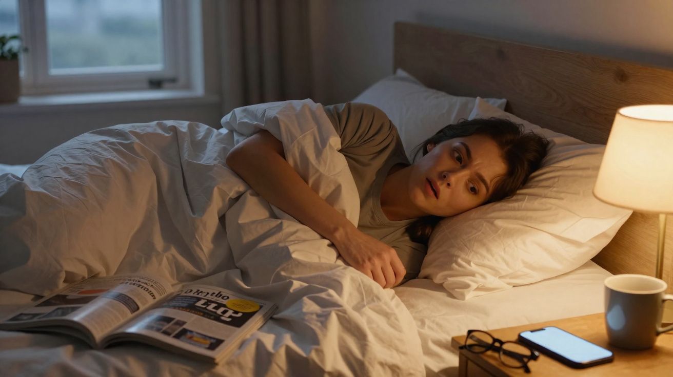 Femme allongée dans un lit, regardant pensivement avec une lampe allumée, un livre, des lunettes et un téléphone à côté.