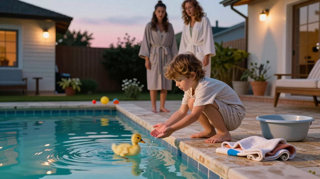 Un enfant en tenues claires touche un caneton dans une piscine, deux femmes en peignoirs debout en arrière-plan.