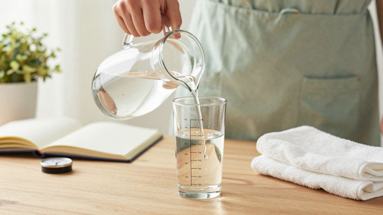 Une personne verse de l'eau d'une carafe dans un verre gradué sur une table en bois clair.