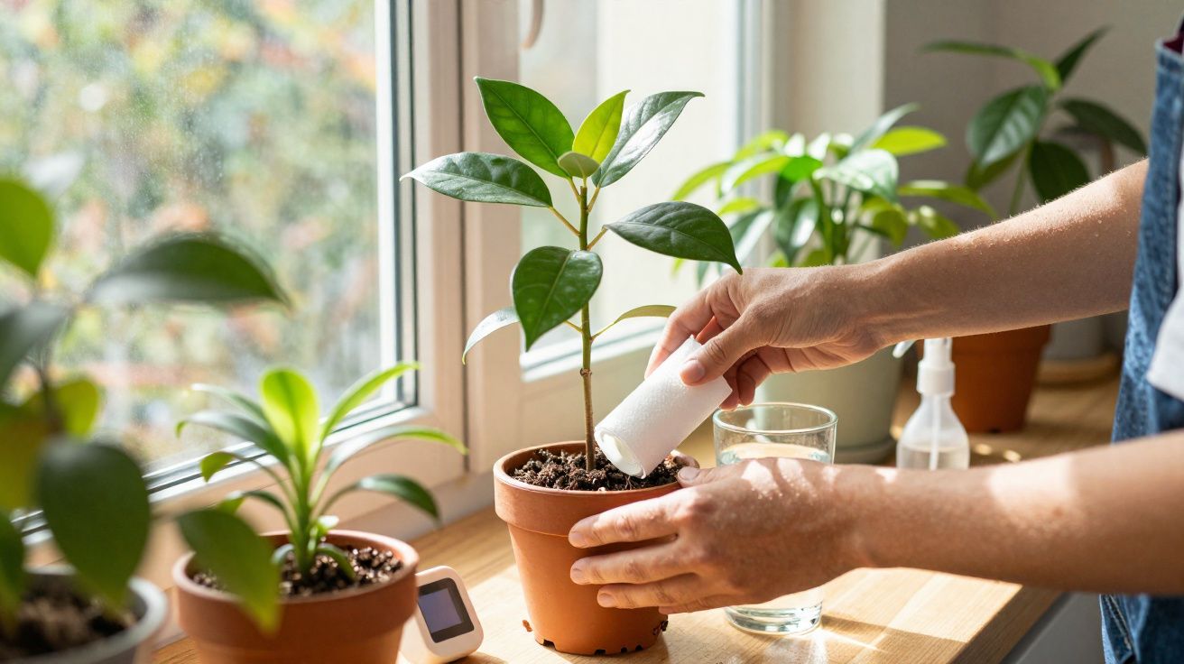 Une personne fertilise une plante en pot sur un rebord de fenêtre avec d’autres plantes en arrière-plan.