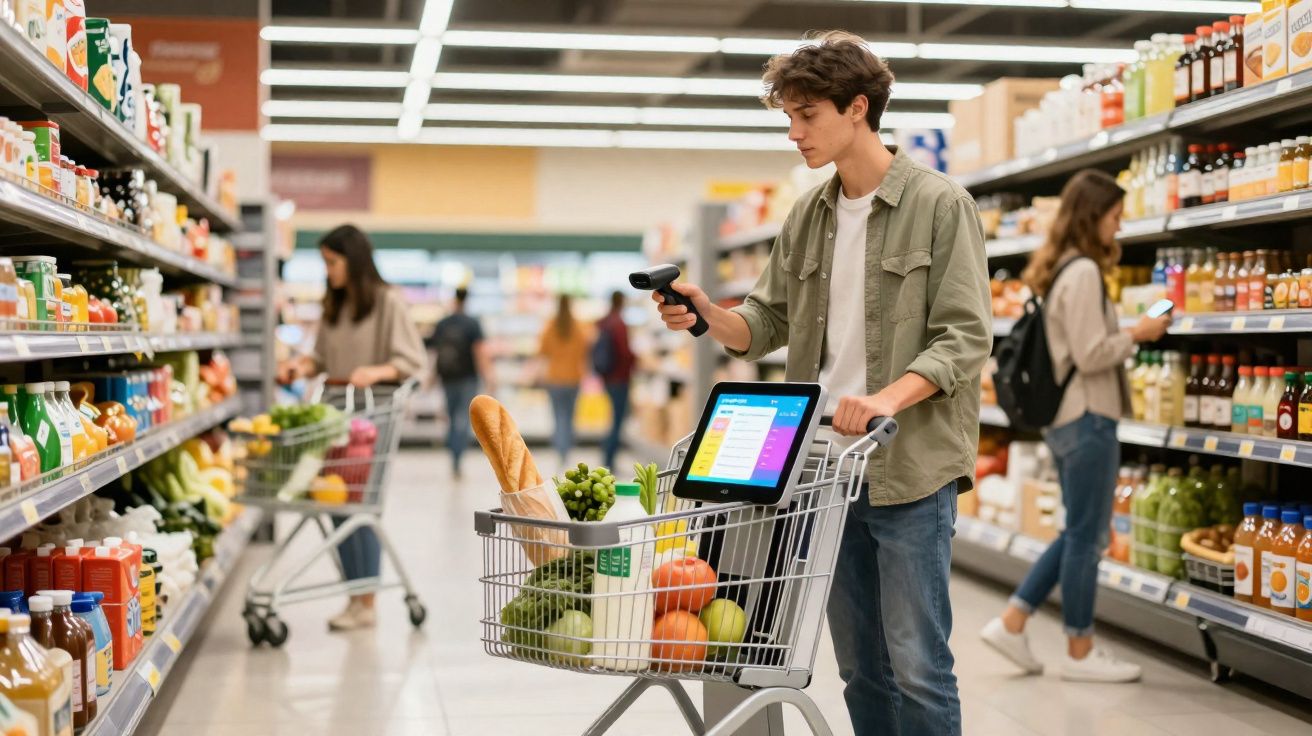 Jeune homme scannant des produits dans un supermarché avec un caddie rempli de fruits et légumes.
