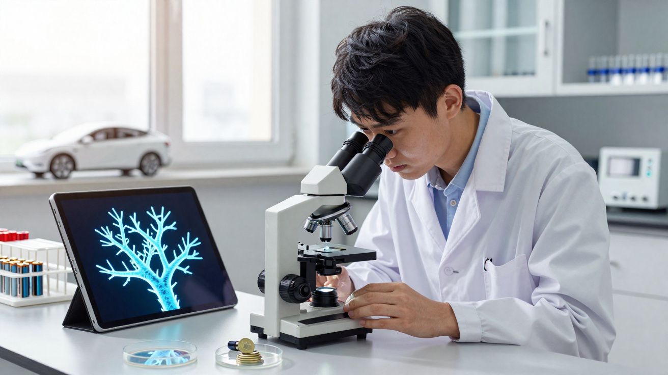 Scientifique asiatique en blouse blanche utilisant un microscope dans un laboratoire moderne avec tablette affichant une imag