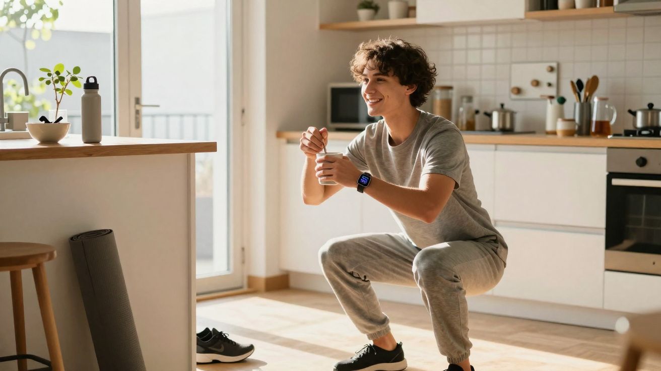 Jeune homme souriant fait des squats dans une cuisine lumineuse et moderne.