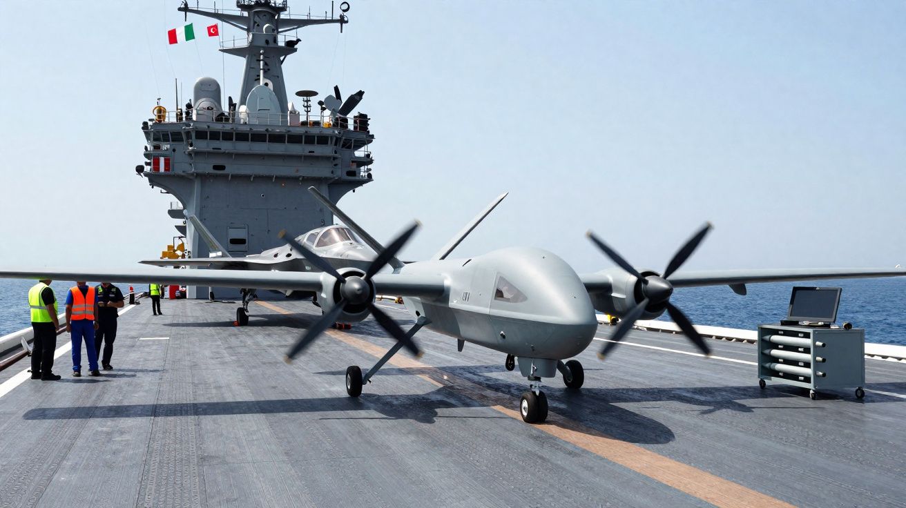 Drone militaire à double hélice posé sur le pont d'un porte-avions avec des marins en arrière-plan.