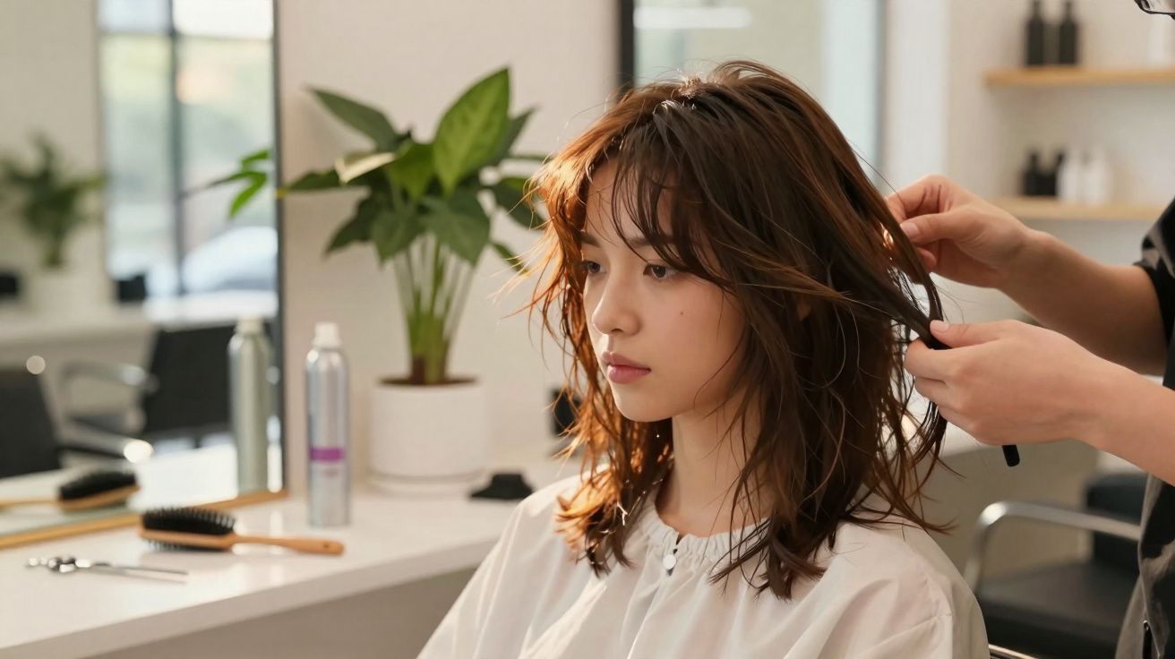 Jeune femme aux cheveux roux coiffée dans un salon de beauté, assise, regard pensif.
