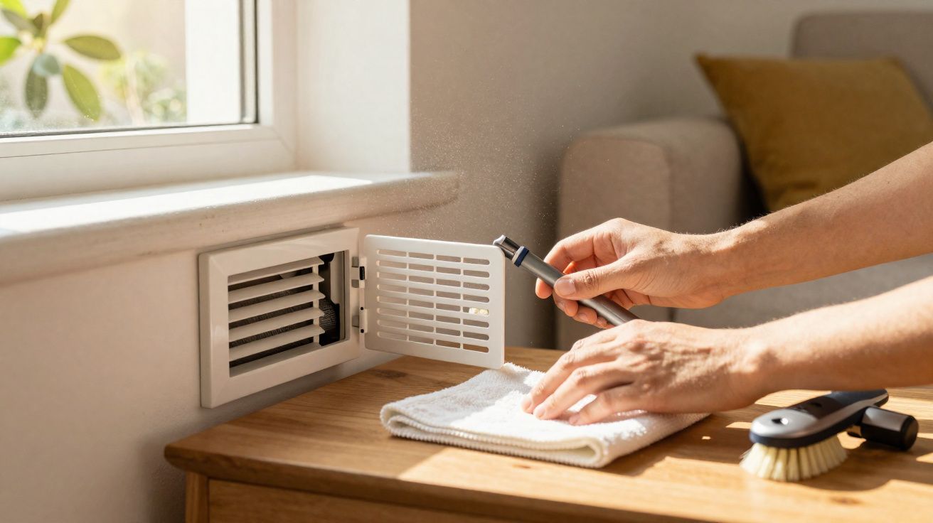 Mains nettoyant une grille de ventilation intérieure près d'une fenêtre avec un chiffon blanc et une brosse.